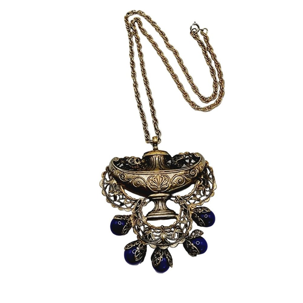 Vintage Unusual Brass Filigree & Glass Urn Pendant Necklace (A1257)